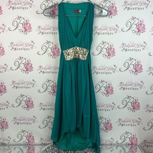 Ruby Rox dress sequins embroidered gold Teal High Low Dress with Gold Detail